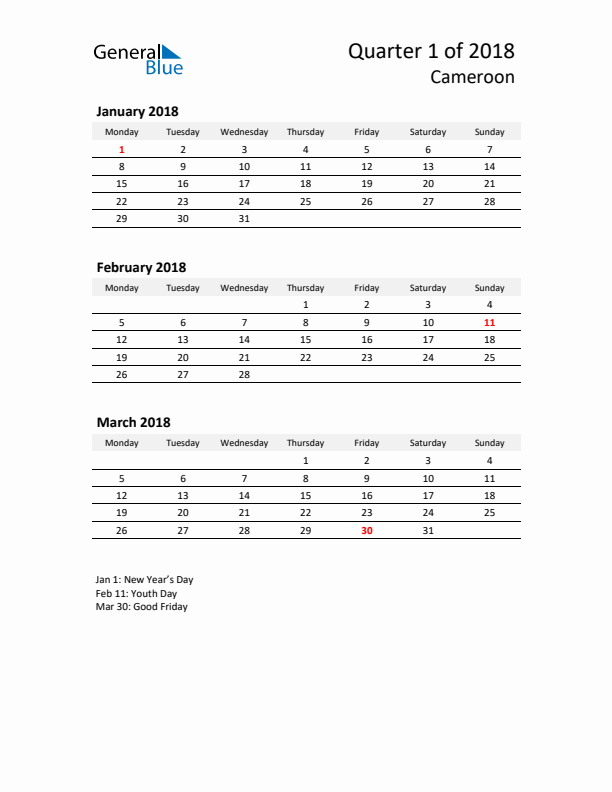 2018 Q1 Three-Month Calendar for Cameroon