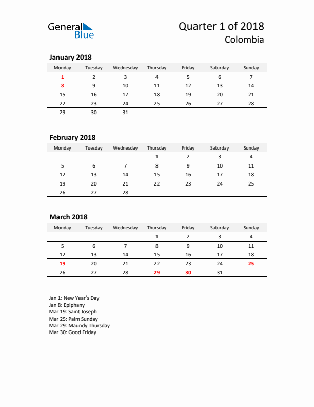 2018 Q1 Three-Month Calendar for Colombia