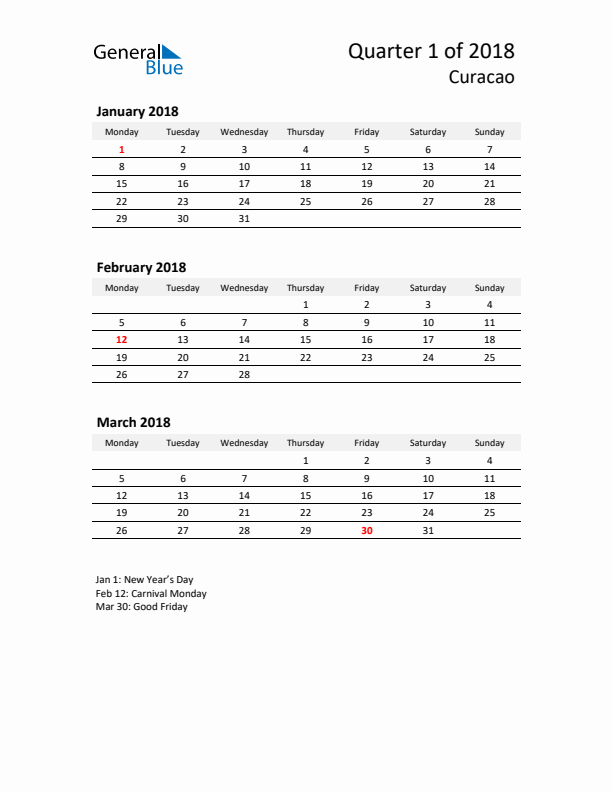 2018 Q1 Three-Month Calendar for Curacao