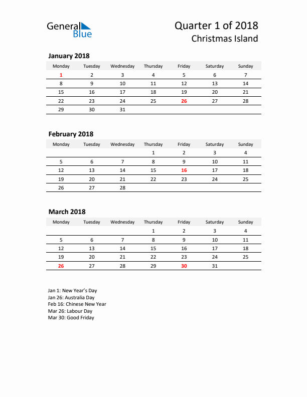 2018 Q1 Three-Month Calendar for Christmas Island