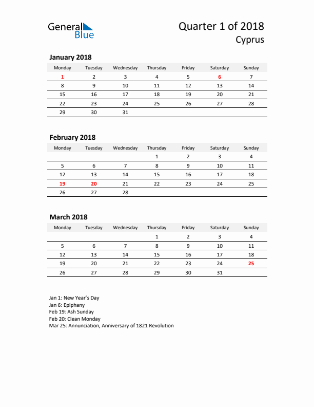 2018 Q1 Three-Month Calendar for Cyprus