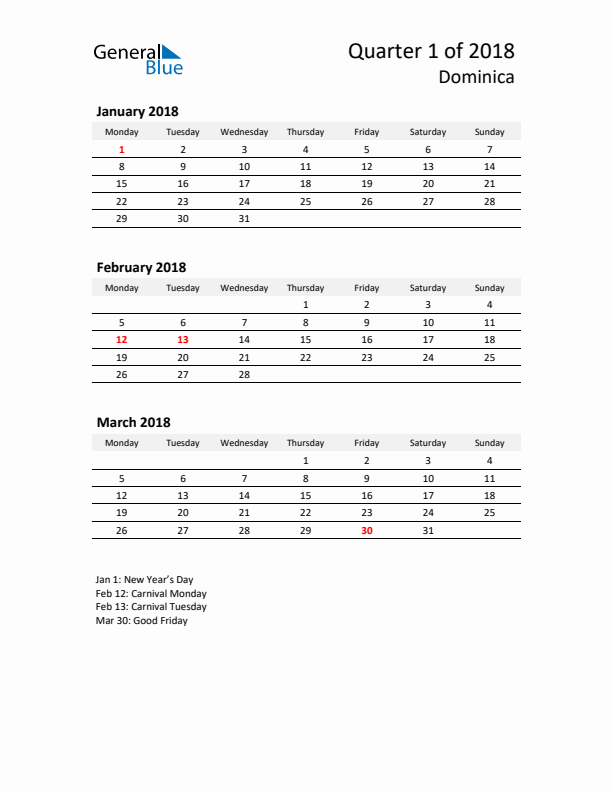 2018 Q1 Three-Month Calendar for Dominica