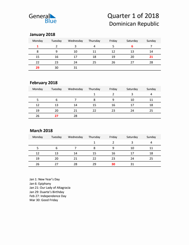 2018 Q1 Three-Month Calendar for Dominican Republic