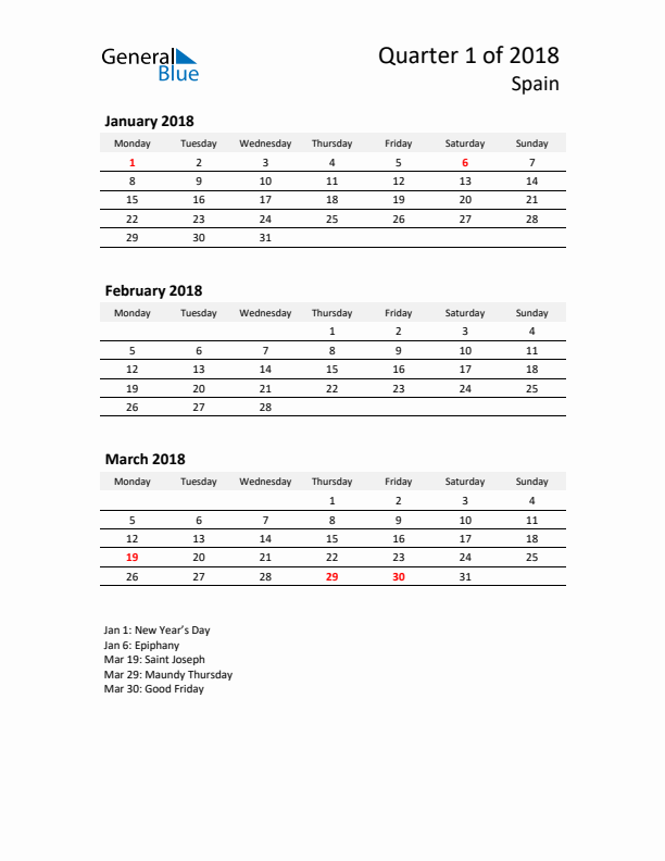 2018 Q1 Three-Month Calendar for Spain