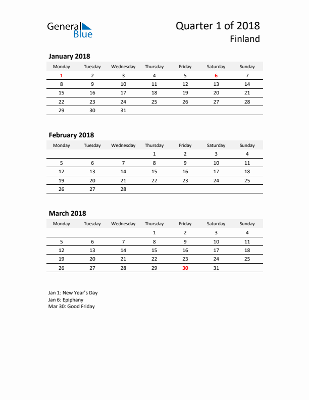 2018 Q1 Three-Month Calendar for Finland