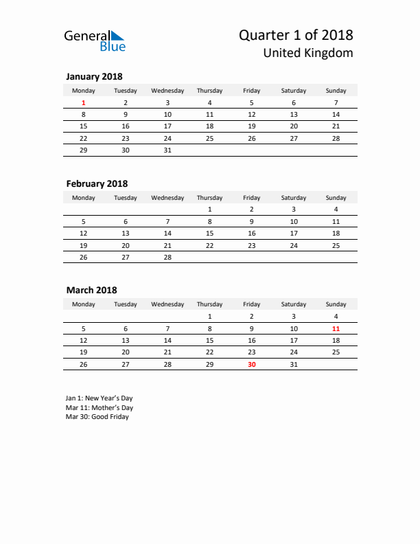 2018 Q1 Three-Month Calendar for United Kingdom