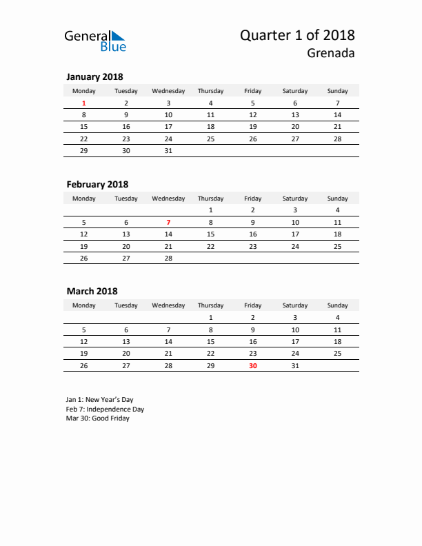 2018 Q1 Three-Month Calendar for Grenada