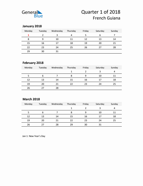 2018 Q1 Three-Month Calendar for French Guiana