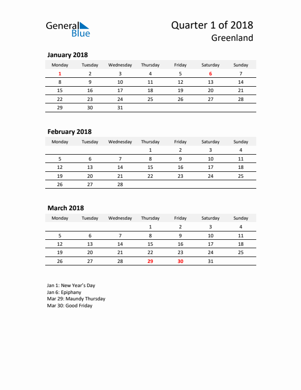 2018 Q1 Three-Month Calendar for Greenland