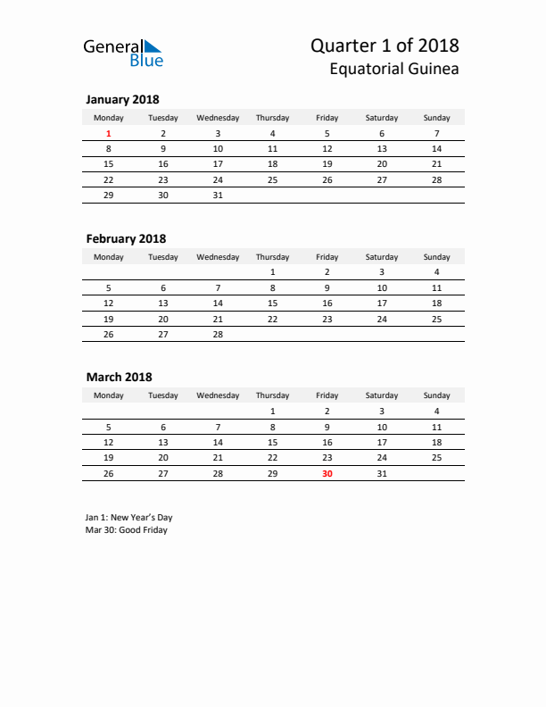 2018 Q1 Three-Month Calendar for Equatorial Guinea