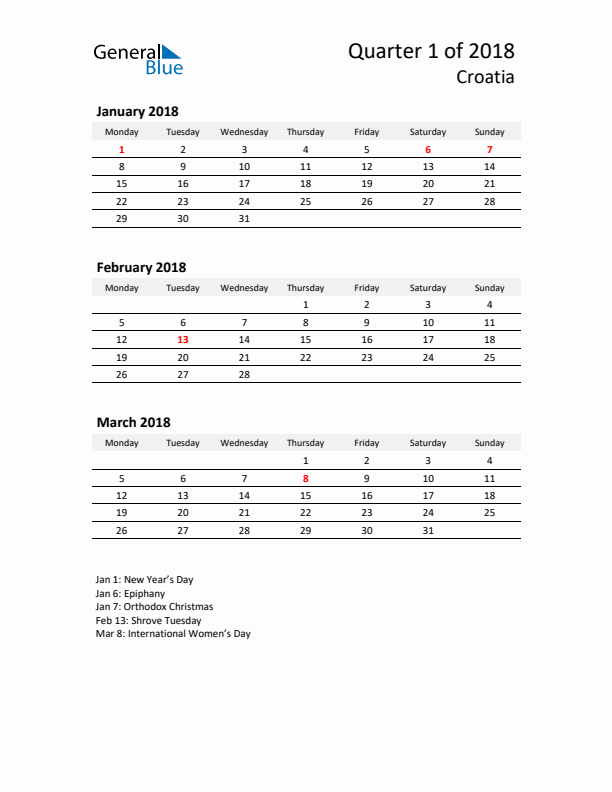 2018 Q1 Three-Month Calendar for Croatia