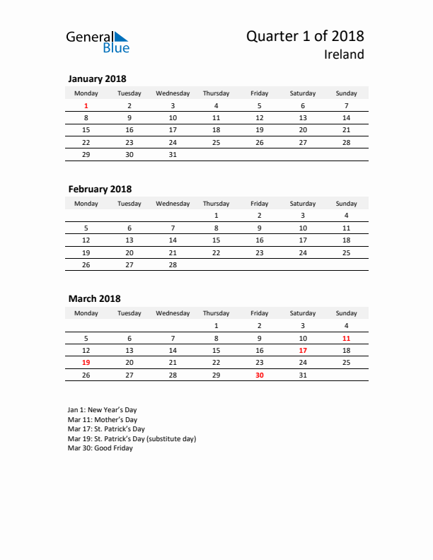 2018 Q1 Three-Month Calendar for Ireland