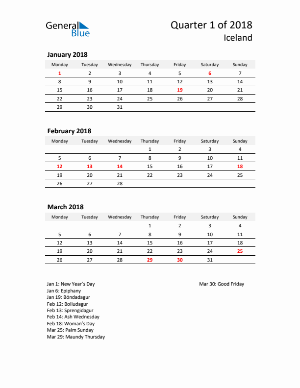 2018 Q1 Three-Month Calendar for Iceland