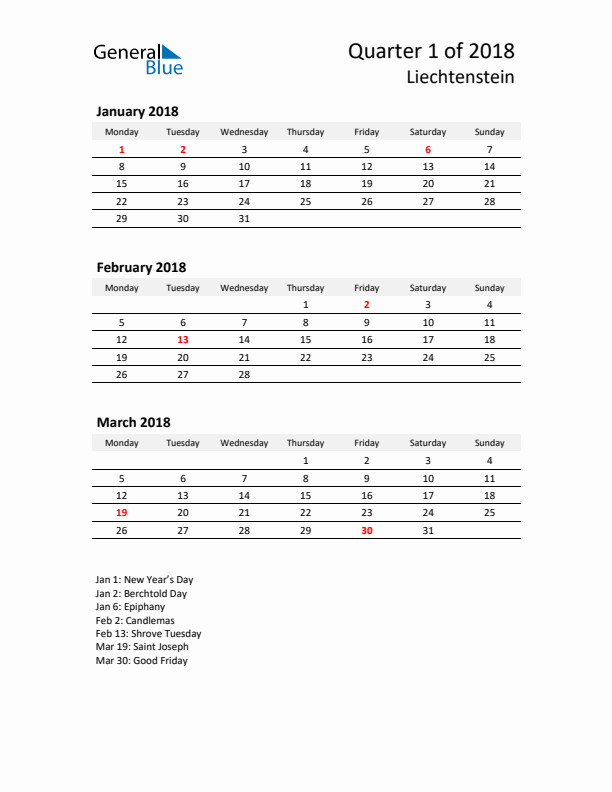 2018 Q1 Three-Month Calendar for Liechtenstein