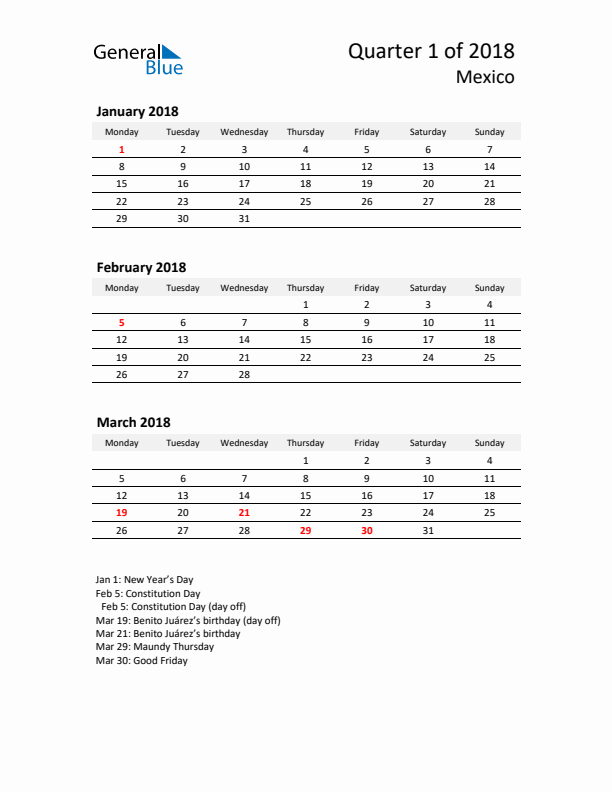 2018 Q1 Three-Month Calendar for Mexico