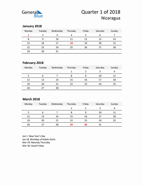 2018 Q1 Three-Month Calendar for Nicaragua