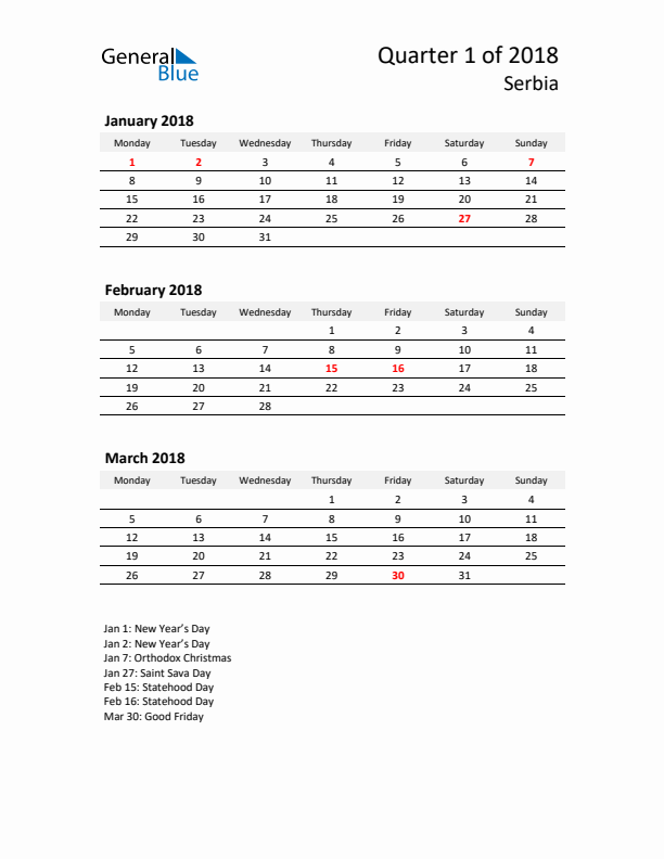 2018 Q1 Three-Month Calendar for Serbia