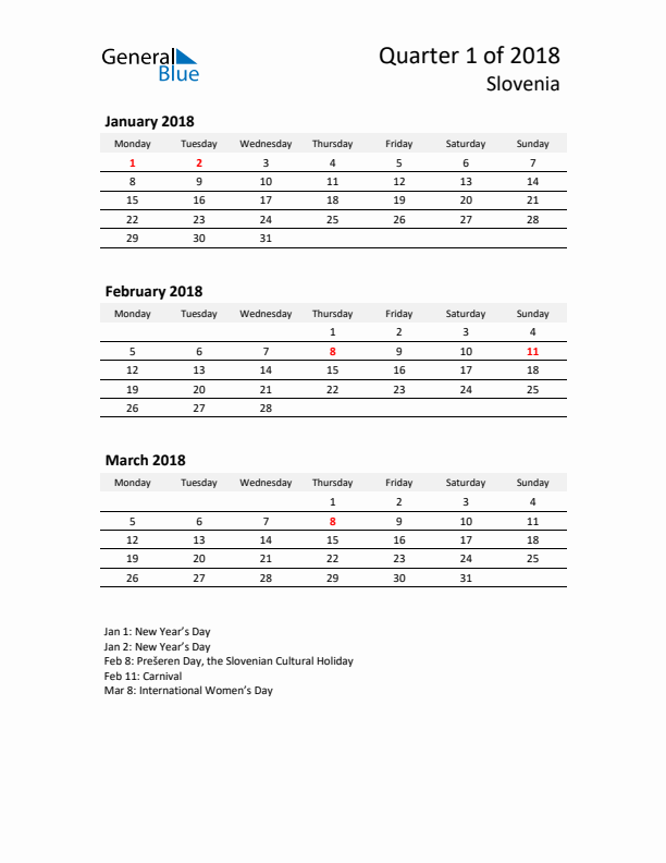 2018 Q1 Three-Month Calendar for Slovenia