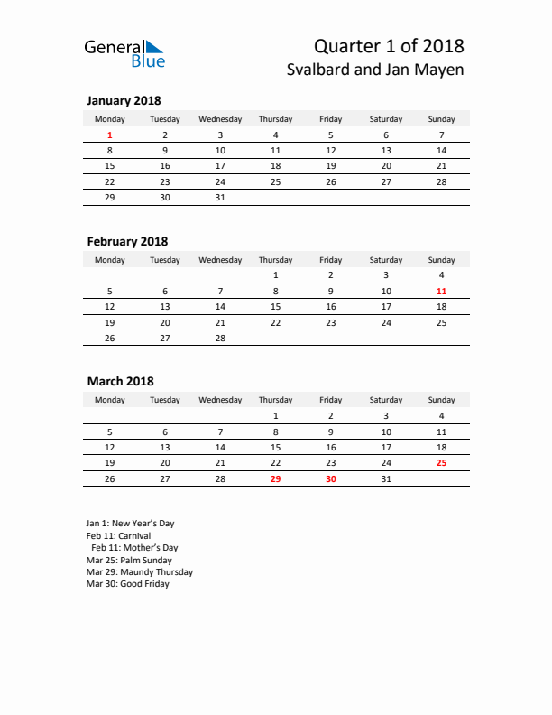 2018 Q1 Three-Month Calendar for Svalbard and Jan Mayen