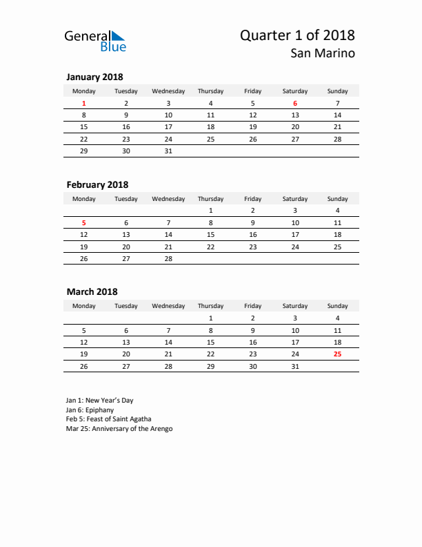 2018 Q1 Three-Month Calendar for San Marino