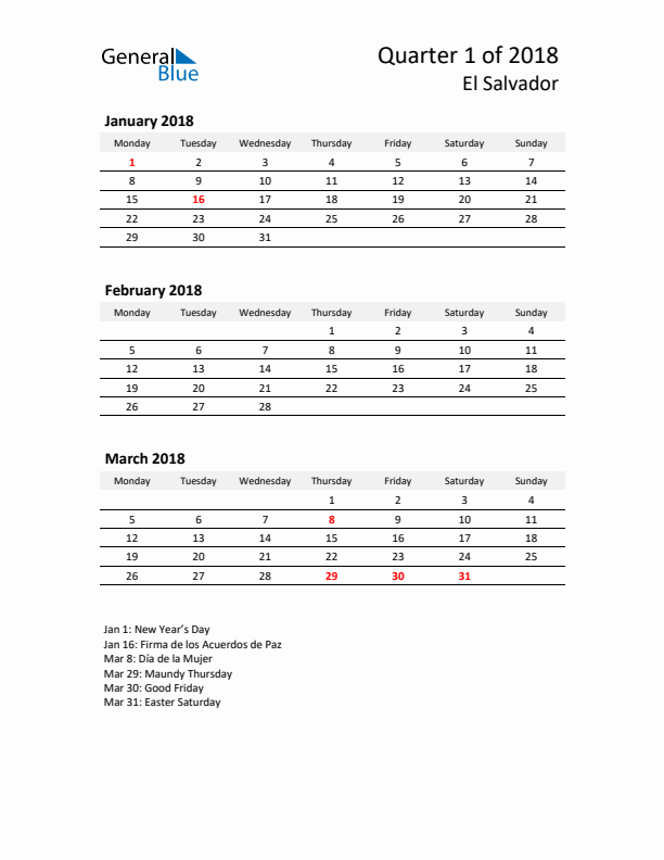 2018 Q1 Three-Month Calendar for El Salvador