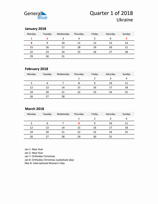 2018 Q1 Three-Month Calendar for Ukraine