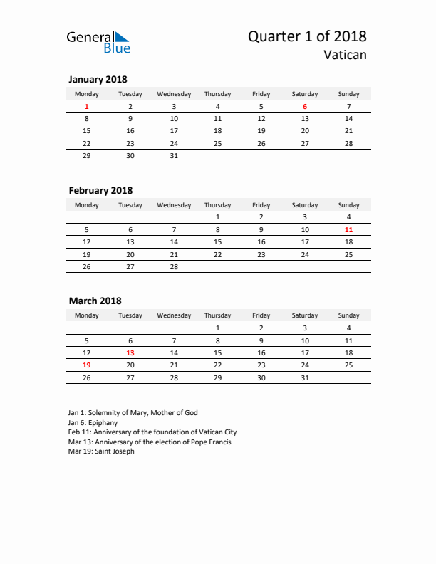 2018 Q1 Three-Month Calendar for Vatican