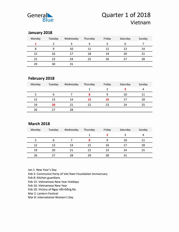 2018 Q1 Three-Month Calendar for Vietnam