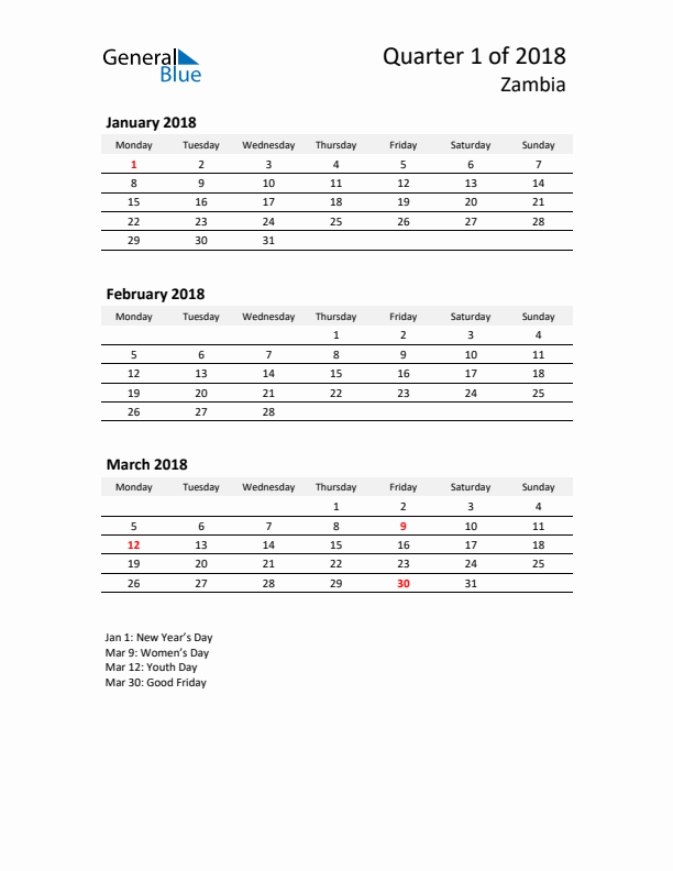 2018 Q1 Three-Month Calendar for Zambia