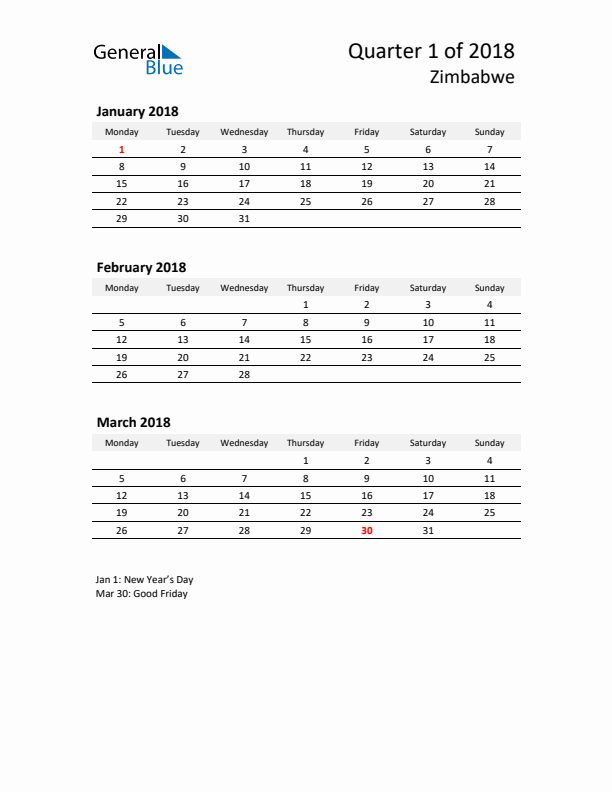 2018 Q1 Three-Month Calendar for Zimbabwe