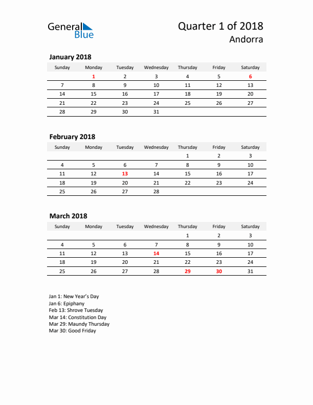 2018 Q1 Three-Month Calendar for Andorra