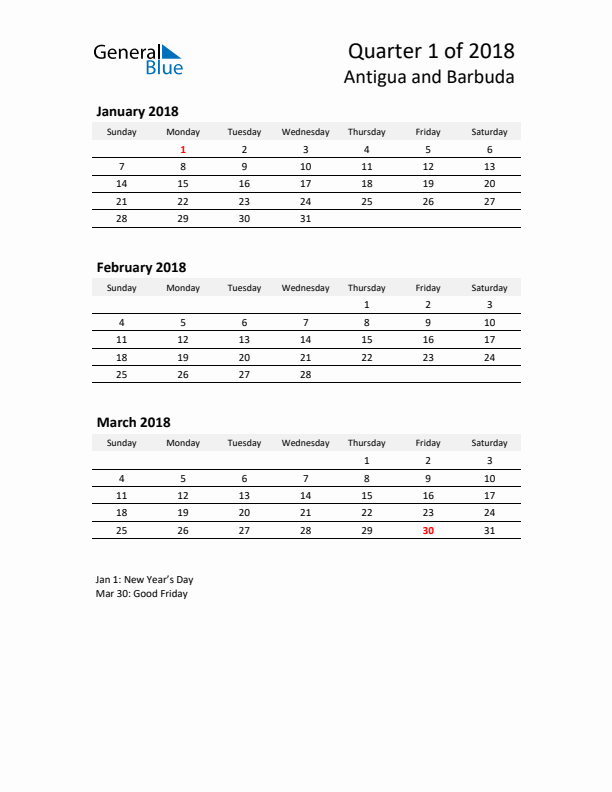 2018 Q1 Three-Month Calendar for Antigua and Barbuda