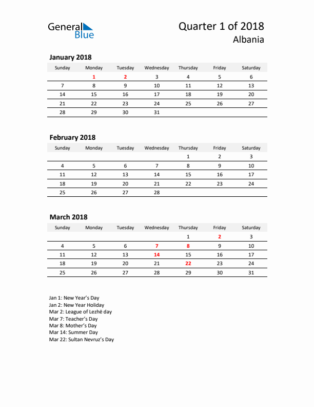 2018 Q1 Three-Month Calendar for Albania