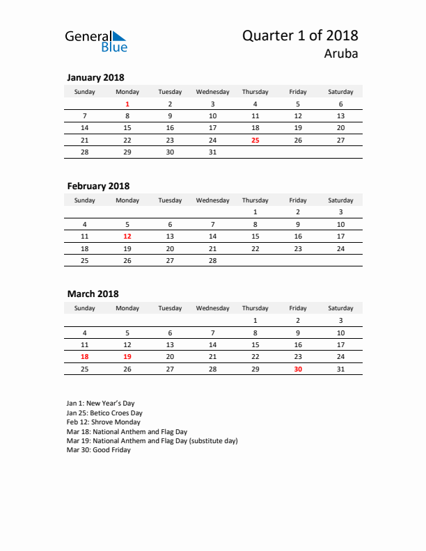 2018 Q1 Three-Month Calendar for Aruba