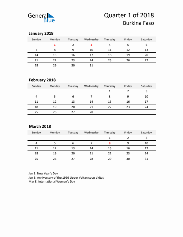 2018 Q1 Three-Month Calendar for Burkina Faso