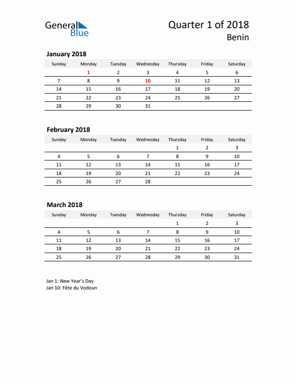 2018 Q1 Three-Month Calendar for Benin