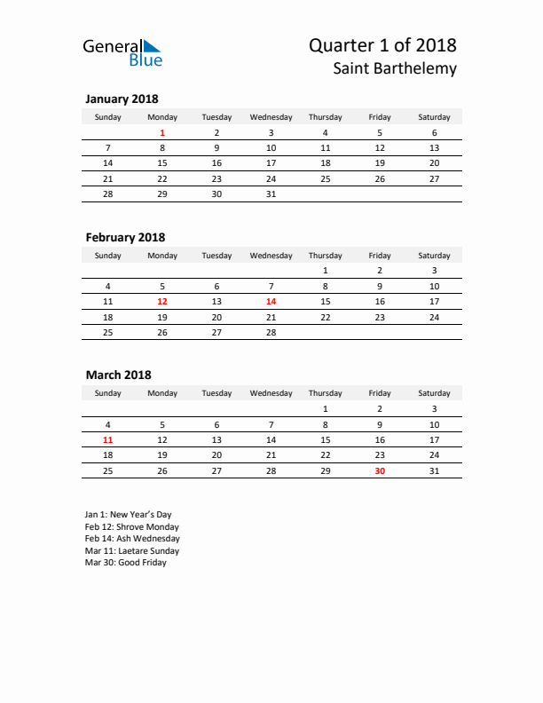 2018 Q1 Three-Month Calendar for Saint Barthelemy