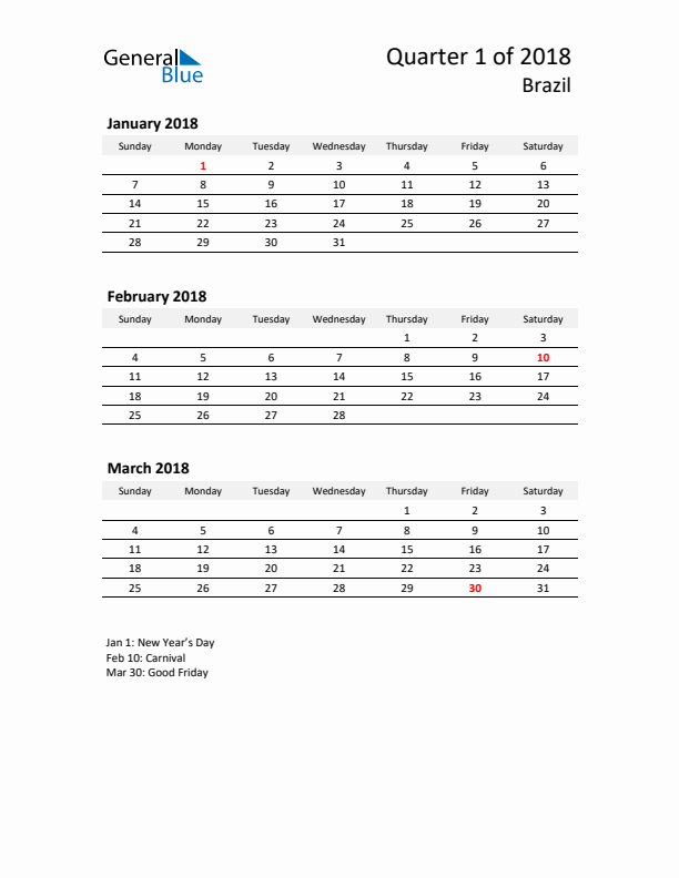 2018 Q1 Three-Month Calendar for Brazil