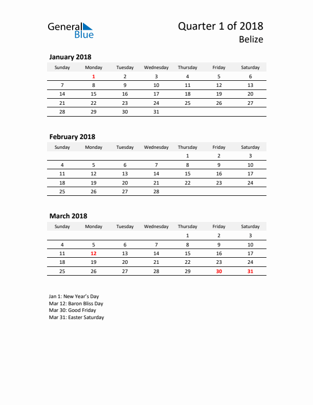 2018 Q1 Three-Month Calendar for Belize