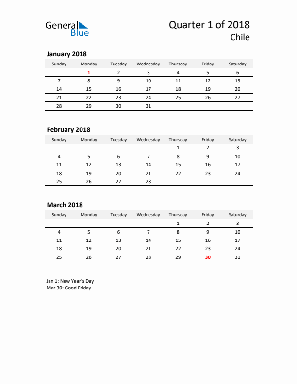 2018 Q1 Three-Month Calendar for Chile