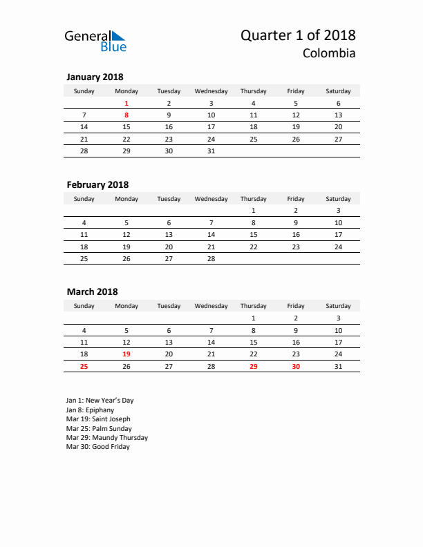 2018 Q1 Three-Month Calendar for Colombia