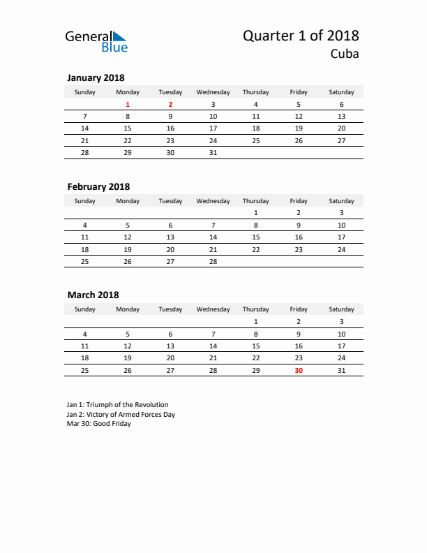 2018 Q1 Three-Month Calendar for Cuba