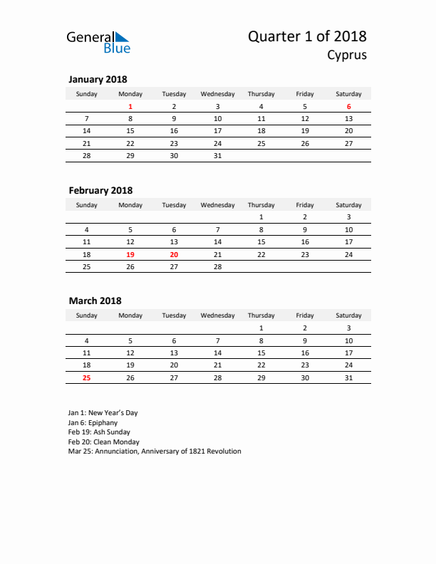 2018 Q1 Three-Month Calendar for Cyprus