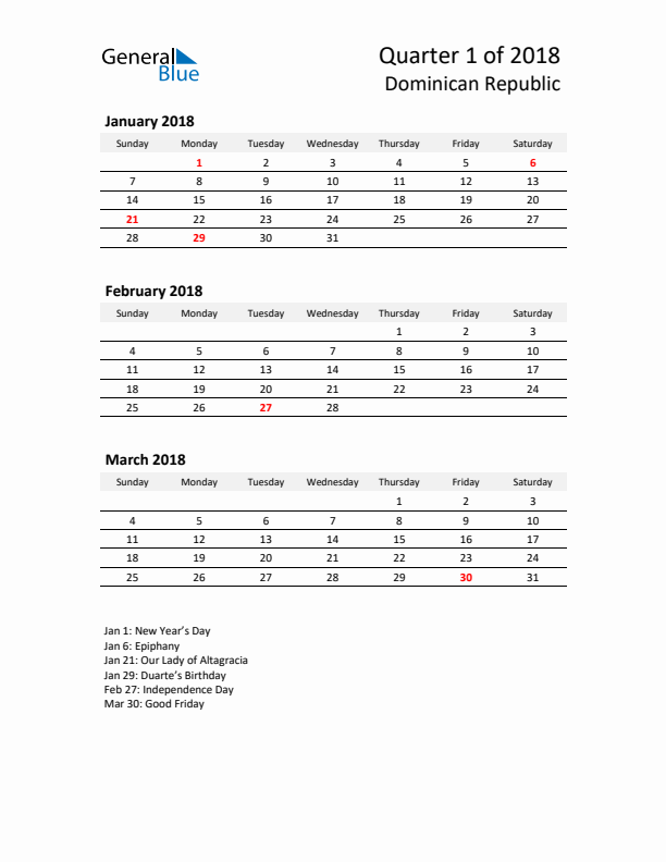 2018 Q1 Three-Month Calendar for Dominican Republic