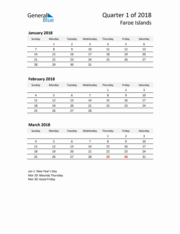 2018 Q1 Three-Month Calendar for Faroe Islands