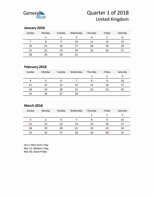 2018 Q1 Three-Month Calendar for United Kingdom