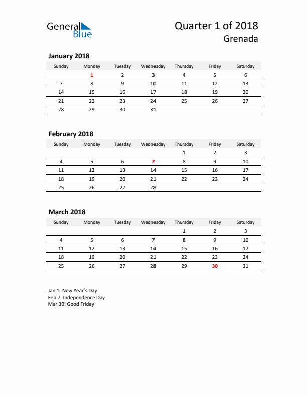 2018 Q1 Three-Month Calendar for Grenada