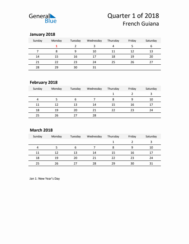 2018 Q1 Three-Month Calendar for French Guiana