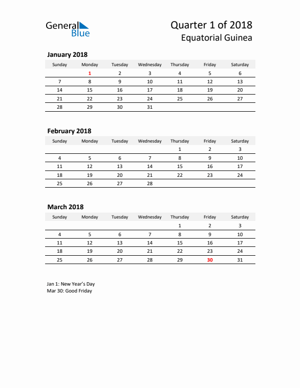 2018 Q1 Three-Month Calendar for Equatorial Guinea