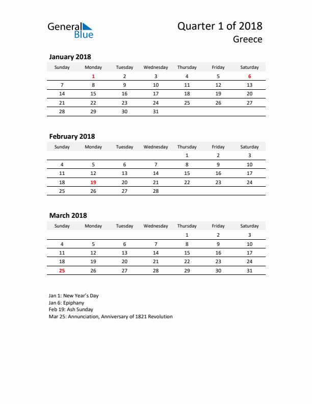 2018 Q1 Three-Month Calendar for Greece